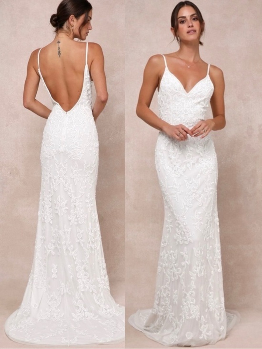 NWT Lulu’s Everlasting Passion White Sequin Beaded Backless Maxi Wedding Dress